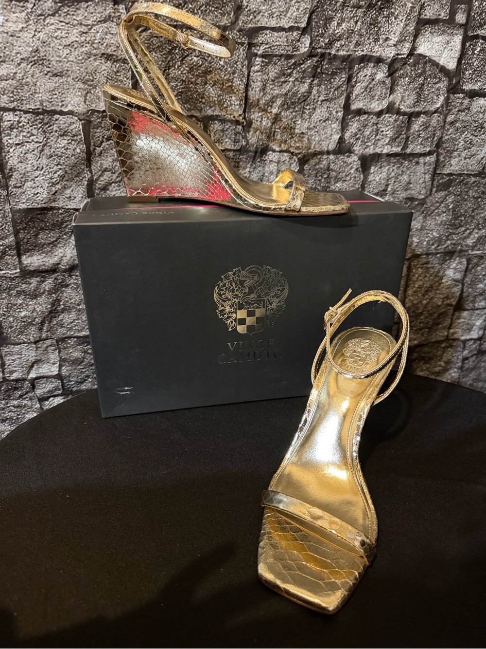 Vince Camuto Metallic Gold Snake-Embossed Wedge Sandals